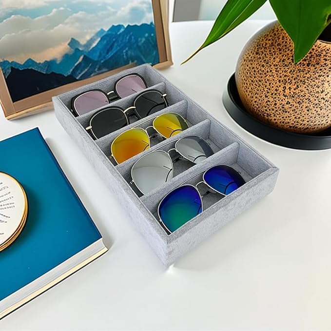 5-Slot Luxurious Gray Velvet Premium Grade Drawer Divider Eyewear Storage Sunglasses Jewelry Tray Organizer