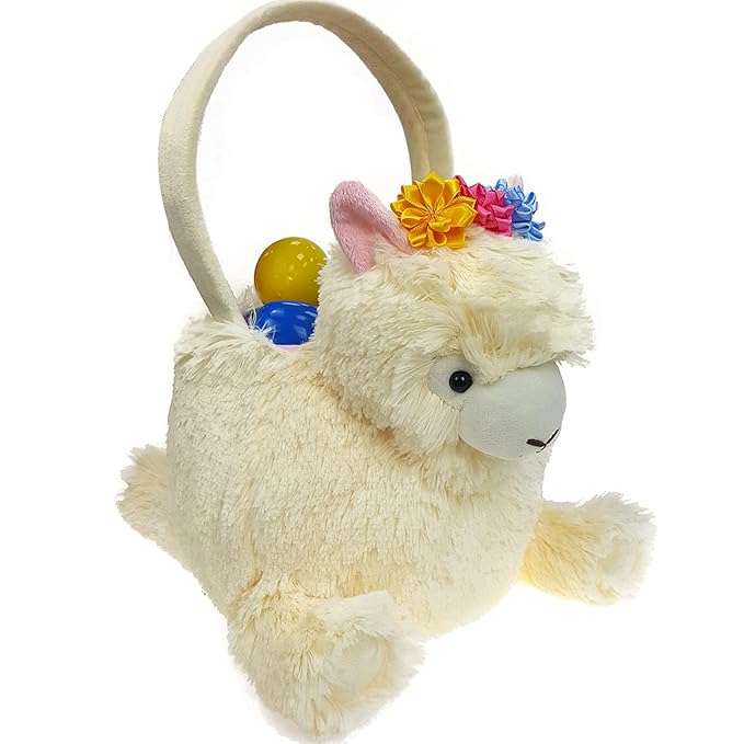 DearSun Personalized Easter Egg Hunting Basket 3D Plush Alpaca Baskets Gift Bucket with Embroidery Name (Plush Llama Basket with Customization)