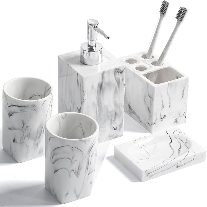 5-Piece Bathroom Counter Top Accessory Set - Dispenser for Liquid Soap or Lotion, Soap Dish, Toothbrush Holder and 2 Tumblers, Marble Pattern Resin (Ink White)