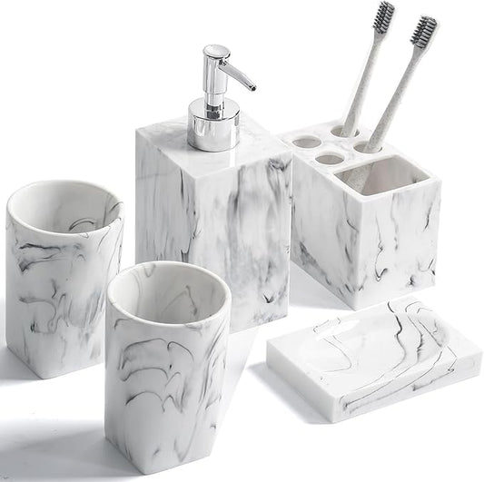 5-Piece Bathroom Counter Top Accessory Set - Dispenser for Liquid Soap or Lotion, Soap Dish, Toothbrush Holder and 2 Tumblers, Marble Pattern Resin (Ink White)
