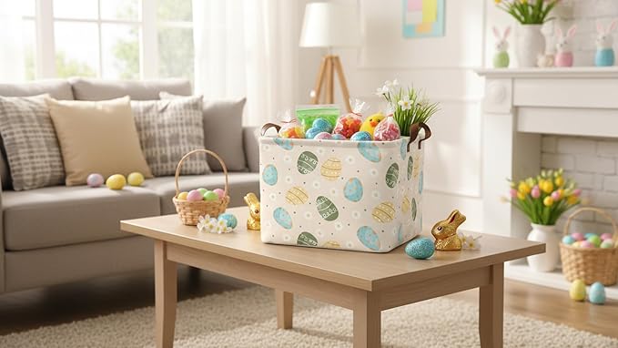 Rectangle Easter Egg Basket,Easter Gift Basket Empty with Handles for Kids,Cute Organizer Toy Bin,Books Basket,Room Decor(Easter Egg)