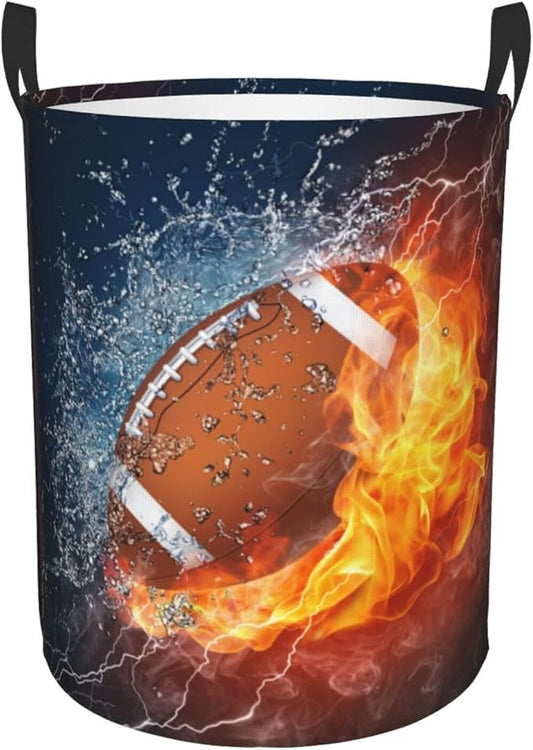 American Football Ball In Fire And Water Round Laundry Hamper Sport Rugby Storage Basket Toys Clothes Organizer Bin For Home Bathroom Bedroom Dorm Nursery, 62l