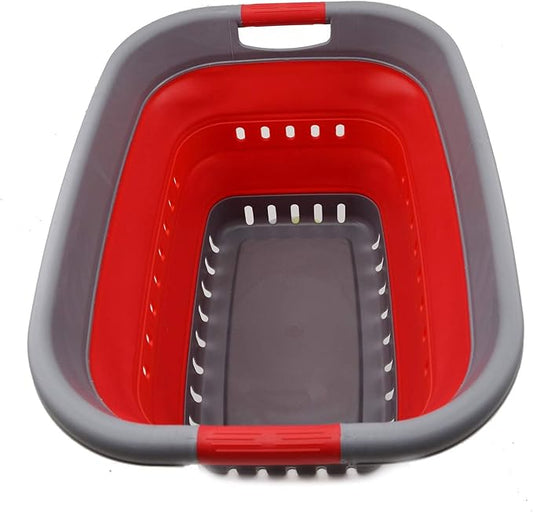 SAMMART 37L (9.77 gallon) Collapsible Plastic Laundry Basket - Foldable Pop Up Storage Container/Organizer - Space Saving Hamper/Basket (1, Grey/Red)