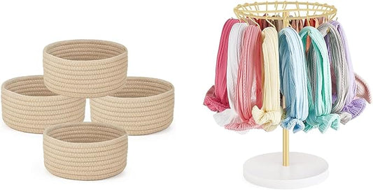 Dahey Headband Holder Hair Bow Organizer for girls and 4 Pcs Small Woven Baskets Set for Organizing, Nursery Living Girls Baby Room Bathroom Bedroom Apartments Dorm Pantry Farmhouse Rustic Home Decor