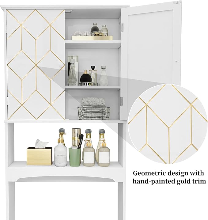 HLR Over The Toilet Storage Cabinet with Gold Trim, Over Toilet Bathroom Organizer with Adjustable Shelves and Toilet Paper Holder, Above Toilet Storage Cabinet Spacesaver for Bathroom(White)