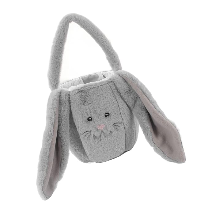 Plush Easter Bunny Basket, Children Easter Basket with Long Ears, Cute Cartoon Rabbit Plush Bag for Easter Egg Hunt, Soft and Durable Easter Bunny Gift for Kids (Light Gray)