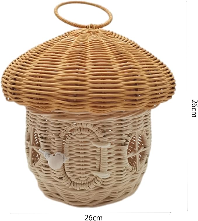 Mushroom Basket House Shaped with Lid Portable Decorative Rattan Handle Photography Props Gifts-Mushroom Decor(C)