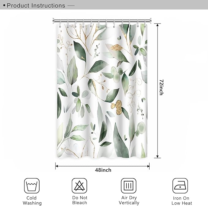 Abstract Eucalyptus Leaves Shower Curtains Sage Green Gold Branches Leaf Nature for Bathroom Farmhouse Style Home Decor Waterproof Polyester Fabric Shower Curtain with Hooks, 48x72 Inch