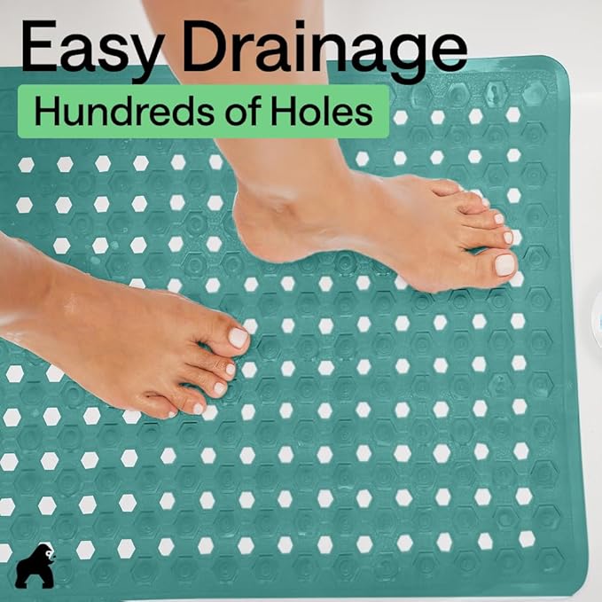 GORILLA GRIP Patented Square Shower Stall Mat, Small Bathtub Floor Mats for Stand Up Showers, Suction Cups and Drain Holes, Machine Wash, Soft on Feet, Bathroom Accessories 21x21 Inch Turquoise Opaque