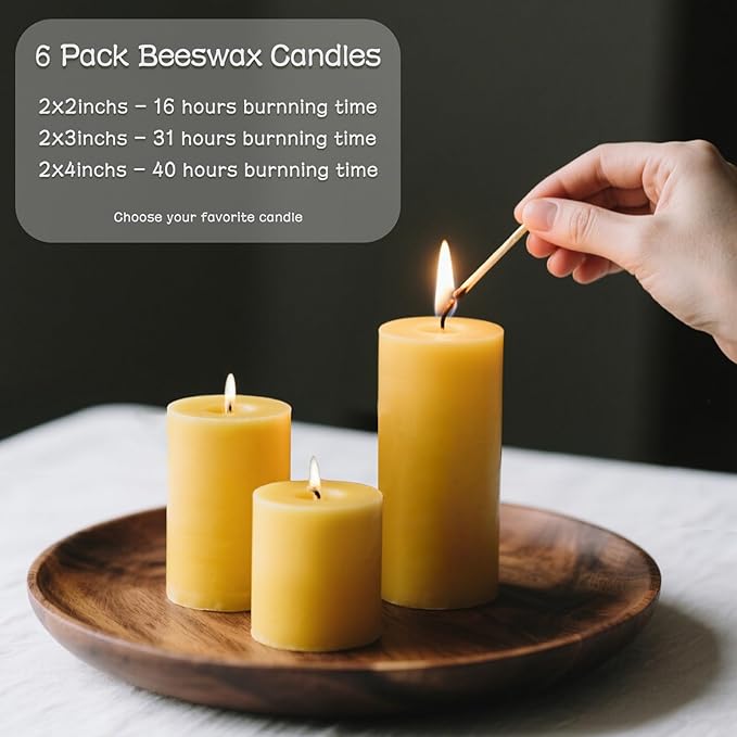 6pcs Beeswax Candle for Home, 2x2 Inches Beeswax Pillar Candles 96-Hour Long Burn Time, 100% Natural Pure Bees Wax Candle for Holidays Decor Spa Relaxation (2x2in)