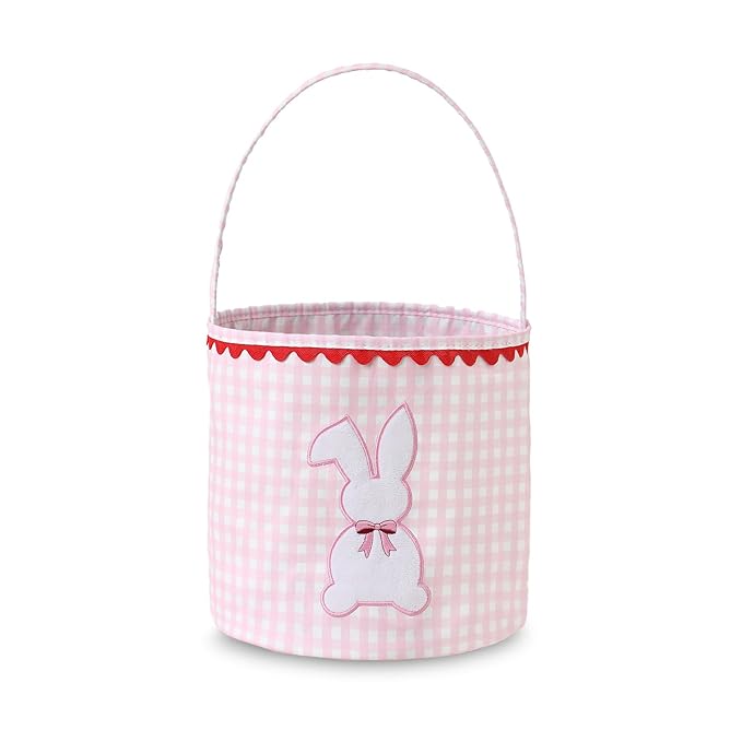 DYSHAYEN Bunny Easter Basket, Gingham Empty Easter Bucket with Handle for Easter Egg Hunts Party Favor Decorations (Pink)