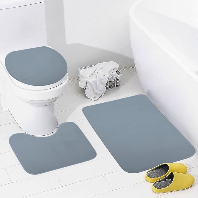 3 Pieces Bath Rug Sets, Dusty Blue Color Bathroom Mat Set Non Slip U Shaped Contour Rug & Toilet Lid Cover