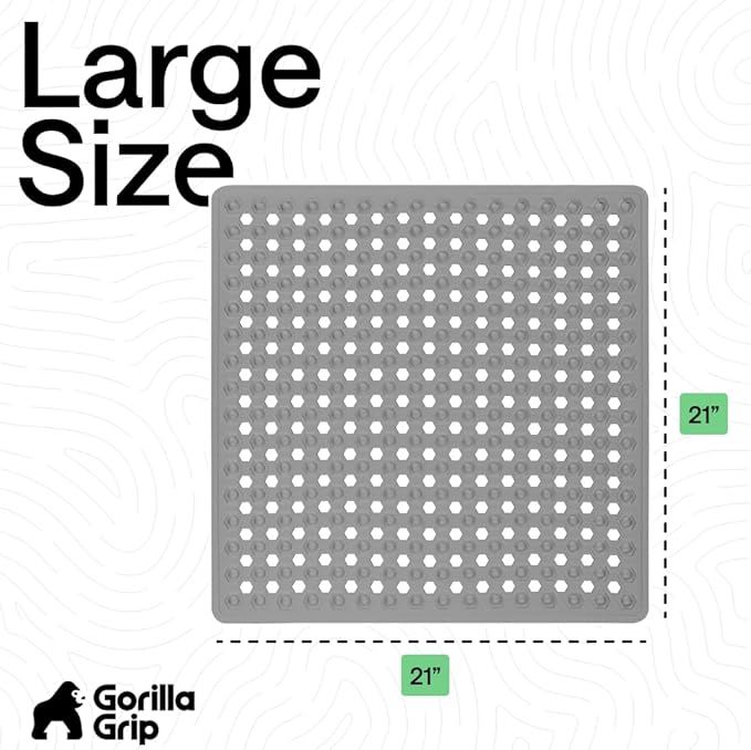 GORILLA GRIP Patented Square Shower Stall Mat, Small Bathtub Floor Mats for Stand Up Showers, Suction Cups and Drainage Holes, Machine Wash, Soft on Feet, Bathroom Accessories 21x21 Inch, Gray Opaque