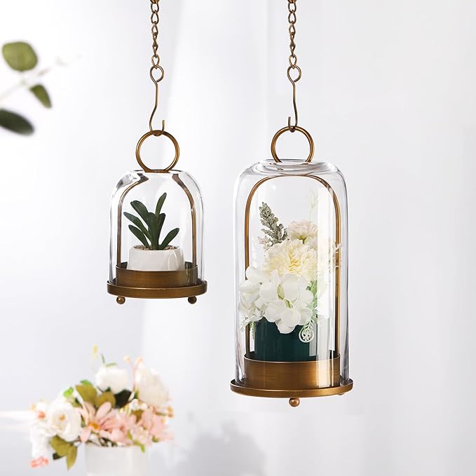5" & 4" Wide Versatile Metal Candle Holder in Antique Brass with Handmade Thick, Heavy & Sturdy Glass Dome for Pillar Candle, Industrial, Modern, Shelf, Mantel, Veranda, Porch (Brass)