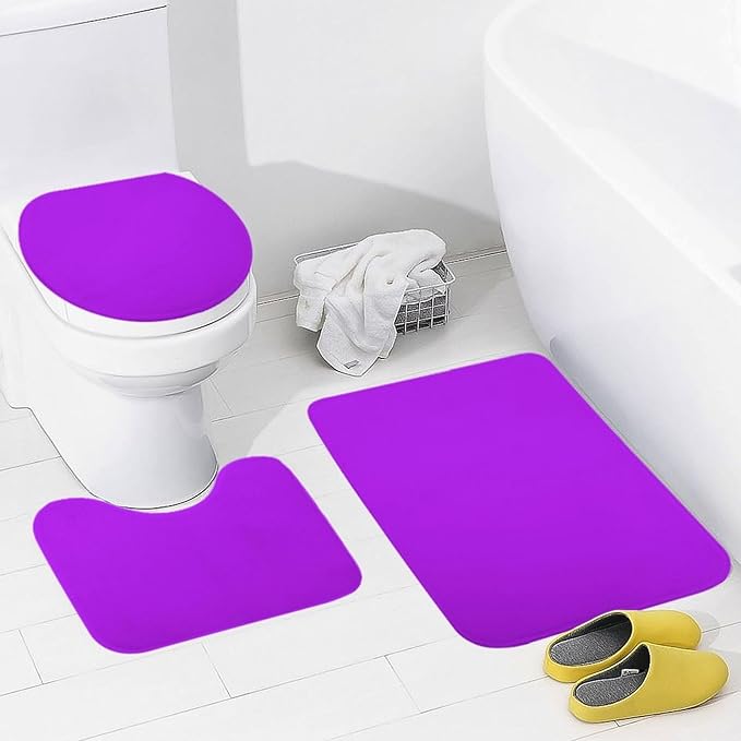 3 Pieces Bath Rug Sets, Neon Purple Elegant Bathroom Mat Set Non Slip U Shaped Contour Rug & Toilet Lid Cover