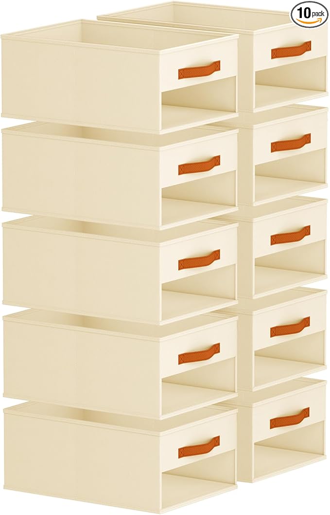 Closet Organizers and Storage - 10 Pack Storage Bins Baskets for Organization Foldable Closet Organizer with Clear Window & Handles for Clothes, Toys, Towels, Small Essentials (Beige)