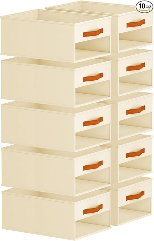 Closet Organizers and Storage - 10 Pack Storage Bins Baskets for Organization Foldable Closet Organizer with Clear Window & Handles for Clothes, Toys, Towels, Small Essentials (Beige)