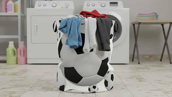 CLOCOR Round Collapsible Flat Storage Basket,Space-Saving Fabric Laundry Hamper for Clothes,Nursery Hamper,Gift Basket(Big Football)