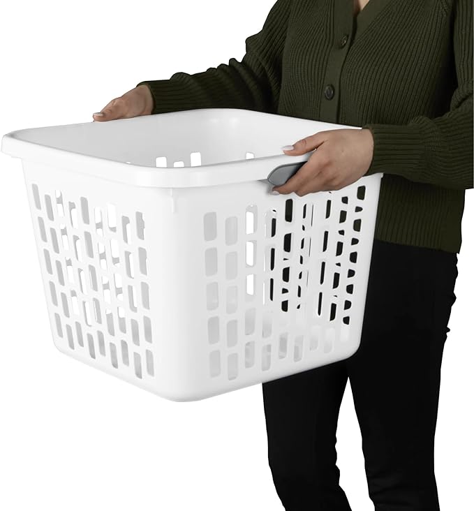 1.5 Bushel Square Plastic Laundry Basket with Two Comfortable Handles, White