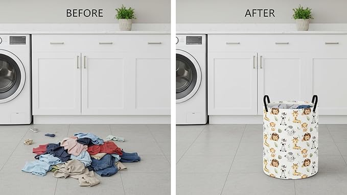 CLOCOR Round Collapsible Flat Storage Basket,Space-Saving Fabric Laundry Hamper for Clothes,Nursery Hamper,Gift Basket(Cute Animals)