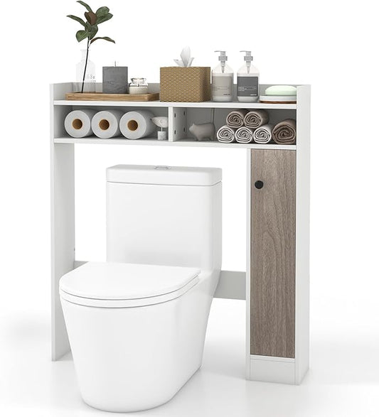 Giantex Short Over The Toilet Storage Cabinet, Bathroom Organizer w/Single Door Cabinet & Adjustable Shelves, Freestanding Space Saver Above Toilet Storage for Restroom, Laundry Room (White)