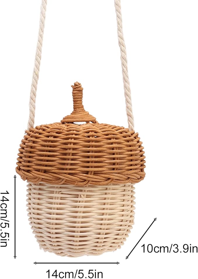 Fdit Kids Rattan Storage Basket Bag, Hand Woven Pine Cone Shaped Basket for Boys Girls Home Decor Storage Box Photography Props (Small Shoulder Bag)