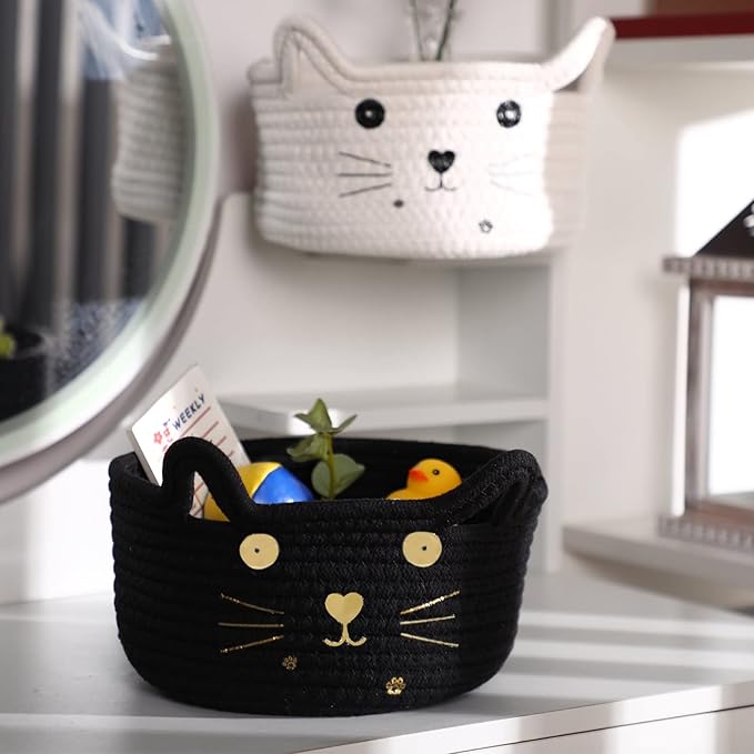 Zopeal Cat Basket Storage Woven Organizer with Ears Christmas Decorative Pet Toy Cute Cotton Rope Basket for Gift Cat Dog Toy Bin Nursery Room(8.3 x 4.7 Inch,Black)
