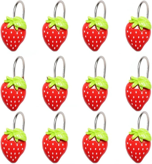 12-Piece Strawberry Shower Curtain Hooks, Decorative Resin Fruit Shower Curtain Rings, Suitable for Bathroom Decor, Compatible with Standard Shower Curtain Rods