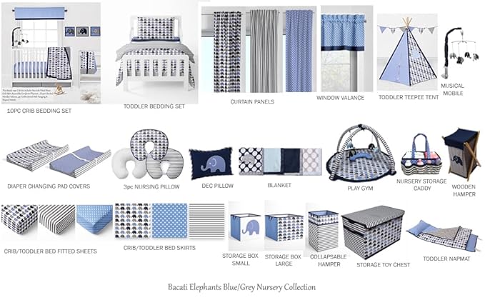 Bacati Elephants Nursery Fabric Storage Caddy with Handles, Blue/Navy/Grey