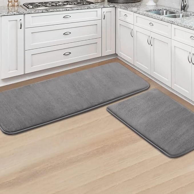 H.VERSAILTEX Kitchen Mat 2 PCS Non Slip Memory Foam Flannel Velvety Kitchen Runner Rug Set for Floor Standing Rugs (47" x 17" + 24" x 17", Grey)