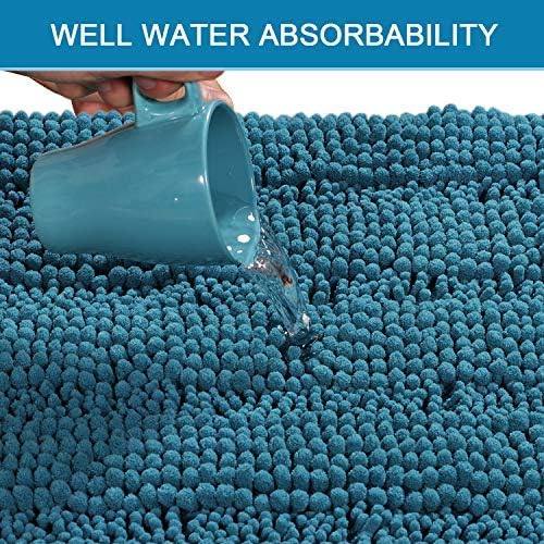 H.VERSAILTEX 2 Piece Bathroom Set - Super Absorbent Chenille Striped Bath Mats - Non Skid, Machine Washable - Turquoise Blue, 47 x 17 Plus 17 x 24 Inches