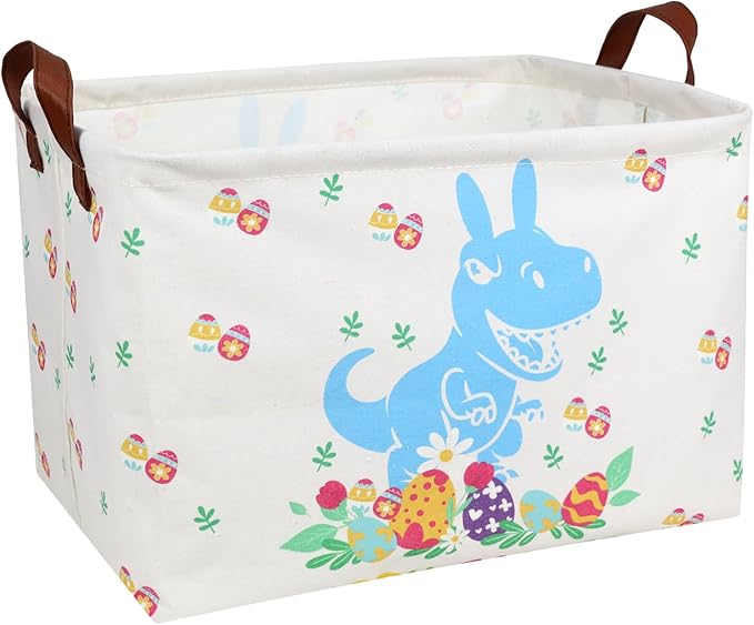 Large Rectangular Cute Kid Easter Basket Empty Bunny Eggs Easter Basket Gift Spring Room Storage Organizer Décor (Blue Dinosaur Easter Egg)