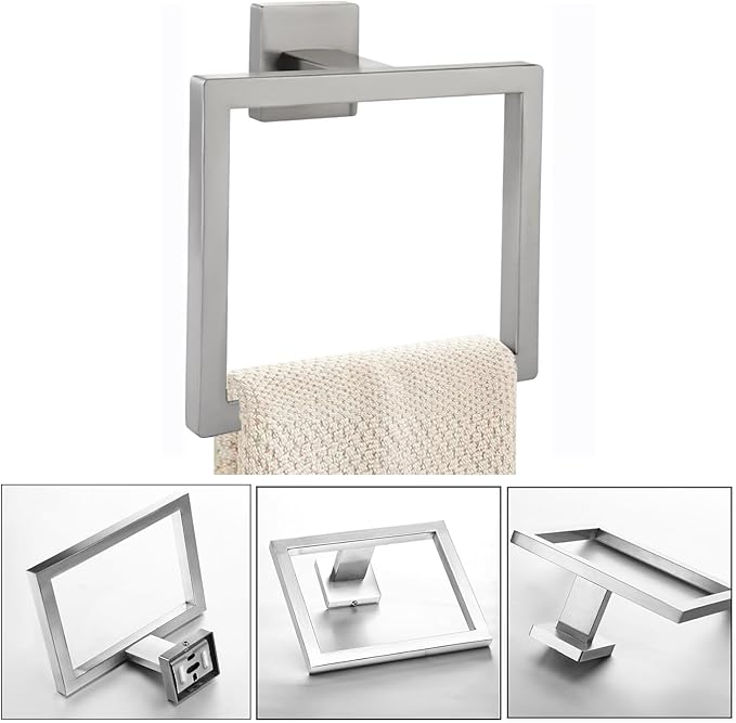 2-Piece Towel Ring - Thicken SUS 304 Stainless Steel Towel Holder, Towel Racks for Bathroom, Square Modern Design Hand Towel Holder, Contemporary Hand Towel Bar - Brushed Nickel