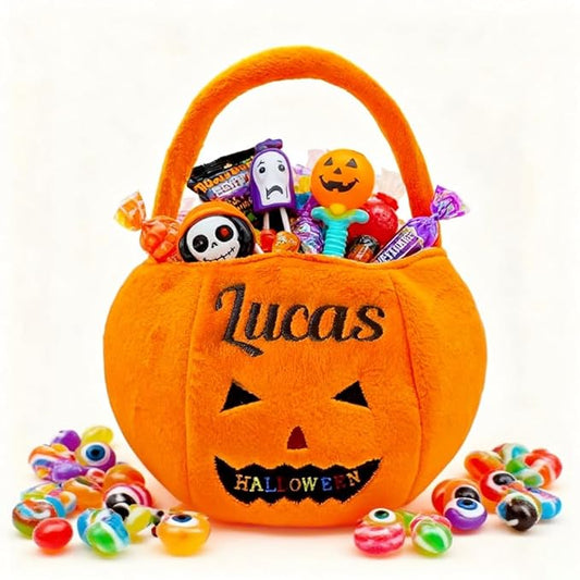 Personalized Halloween Baskets for Kids Trick or Treat Bucket| Custom Name Embroidered for Trick or Treat Bags- Halloween Pumpkin Candy Treat Bucket