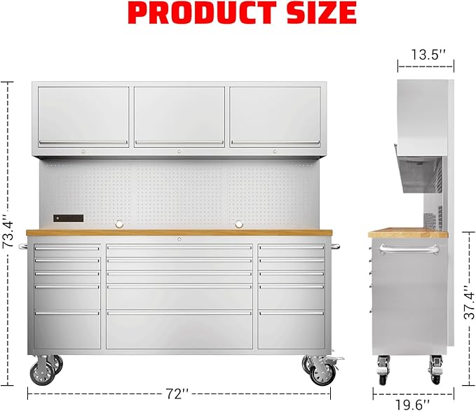 SINDA 72-inch Rolling Tool Cabinet Mobile Workbench Tool Chest with 15 Storage Drawers, Wheels, 3 Uper Cabinet, Outlet, SS Pegboard, Stainless Steel