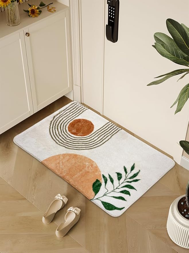 20"X30" Boho Bath Rugs for Bathroom Decor Non-Slip Bath Mat Absorbent Plush Microfiber Soft Carpet Machine Washable Bath Mat for Bathrooms,Showers,Laundry Rooms,White and Green