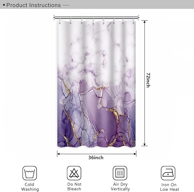 Abstract Marble Bathroom Shower Curtain Purple Gradient Watercolor Waterproof Polyester Shower Curtains Modern Luxury Artistic Aesthetic Shower Curtain with Hooks Decorative, 36x72 Inch