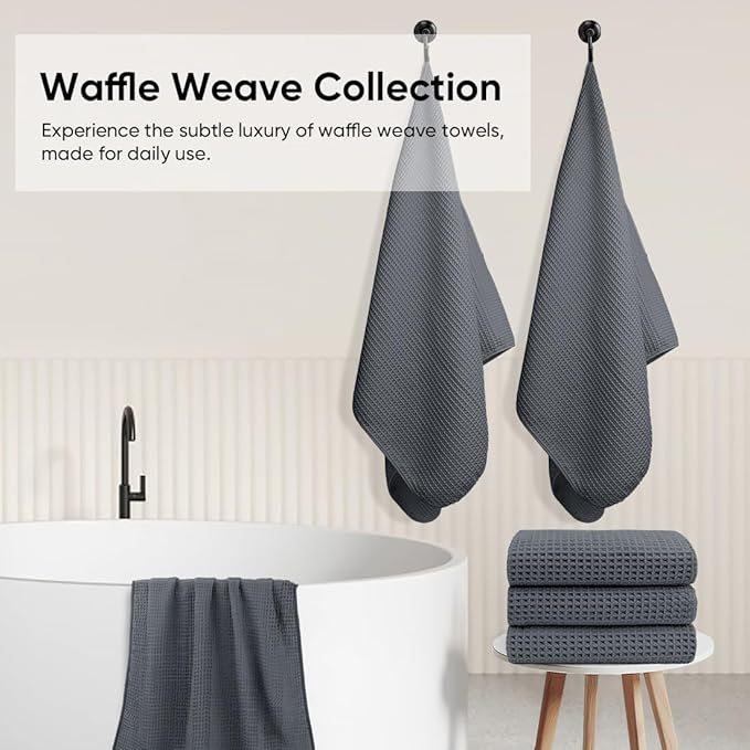 HOMEXCEL Waffle Bath Towels Set 4 Pack, Premium Microfiber Bathroom Towels, Ultra Soft, Lightweight, Highly Absorbent and Quick Dry Towel for Bathroom, Gym, Shower, Hotel, and Spa, 27 x 54 Inch, Grey