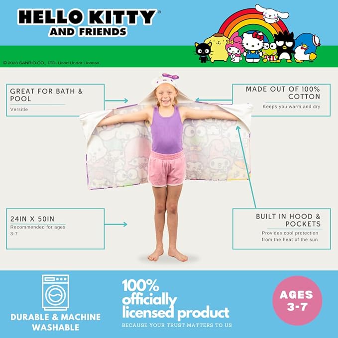 Hello Kitty & Friends Kids Super Soft Bath/Pool/Beach Soft Cotton Terry Hooded Towel Wrap, 24 in x 50 in, (Officially Licensed Product) By Franco