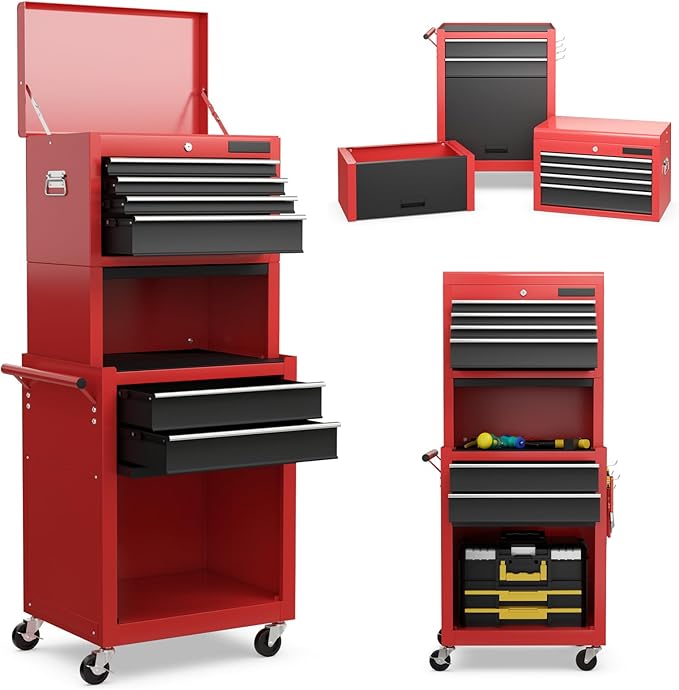 S AFSTAR 6-Drawer Rolling Tool Chest, High Capacity Tool Storage Cabinet with 4 Hooks, Locking System and Universal Wheels, 3-in-1 Detachable Toolbox for Garage, Workshop, Black and Red