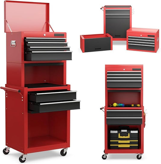 S AFSTAR 6-Drawer Rolling Tool Chest, High Capacity Tool Storage Cabinet with 4 Hooks, Locking System and Universal Wheels, 3-in-1 Detachable Toolbox for Garage, Workshop, Black and Red