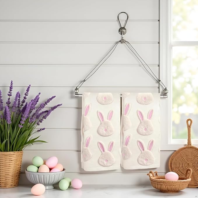 2pcs Easter Bunny Hand Towels Set 100% Cotton Soft Absorbent Spring Bathroom Hand Towels 14x29 Inch Cute Jacquard Easter Kitchen Decor Towels Holiday Kitchen Bathroom Decor Gift(Beige)