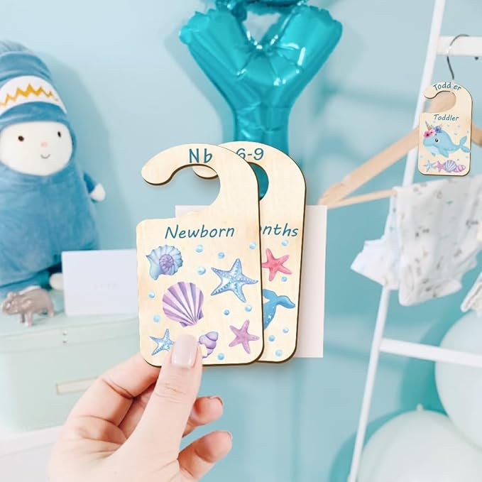 CRASPIRE 10Pcs Wood Baby Wardrobe Dividers Ocean Size Divider Closet Organizers Turtle Seahorse Clothes Whale Shell Nursery Decor from Newborn to 36 Month Hanger Baby Infant for Newborn Baby Shower