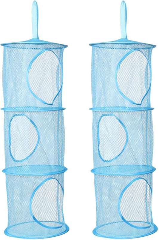 GSHLLO 2 Pcs Toy Storage Hanging Mesh 3 Compartment Organizer Net Stuffed Animal Hammock Foldable Organizing Baskets Clothes Hanger Organizer Bag for Room Bathroom Closet Blue