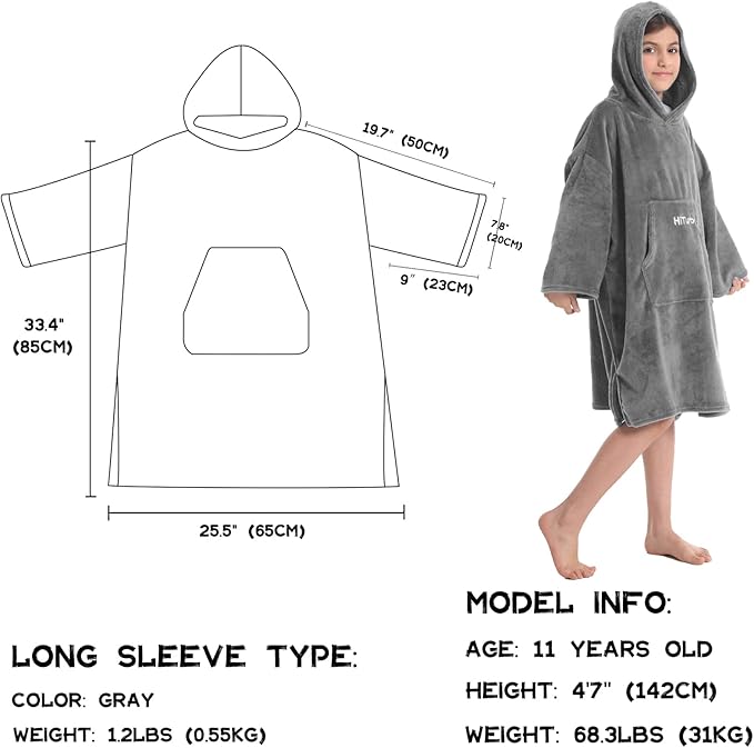 Hiturbo Kids Towel Changing Robe: Soft Plush Wearable Blanket - Warm Coral Fleece Hoodie - Swim Surf Poncho for 5-12 Years (Gray)
