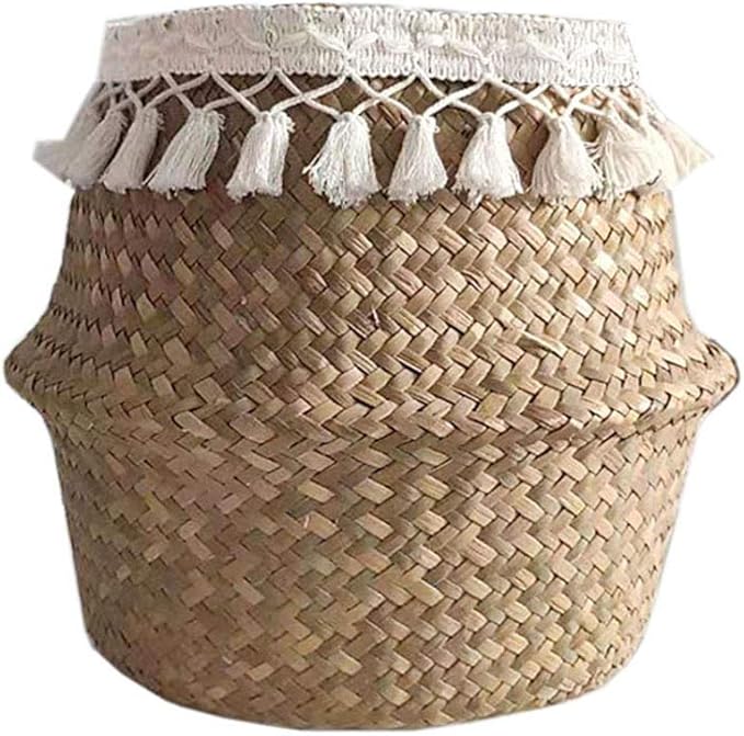 Algae Basket Basket Basket Woven Straw Folding Algae Belly Basket Plant Pot Nursery Cosmetic Bag Hand Made Basket for Storage, Laundry Medium XL