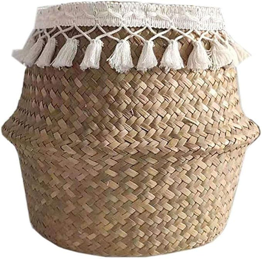 Algae Basket Basket Basket Woven Straw Folding Algae Belly Basket Plant Pot Nursery Cosmetic Bag Hand Made Basket for Storage, Laundry Medium XL