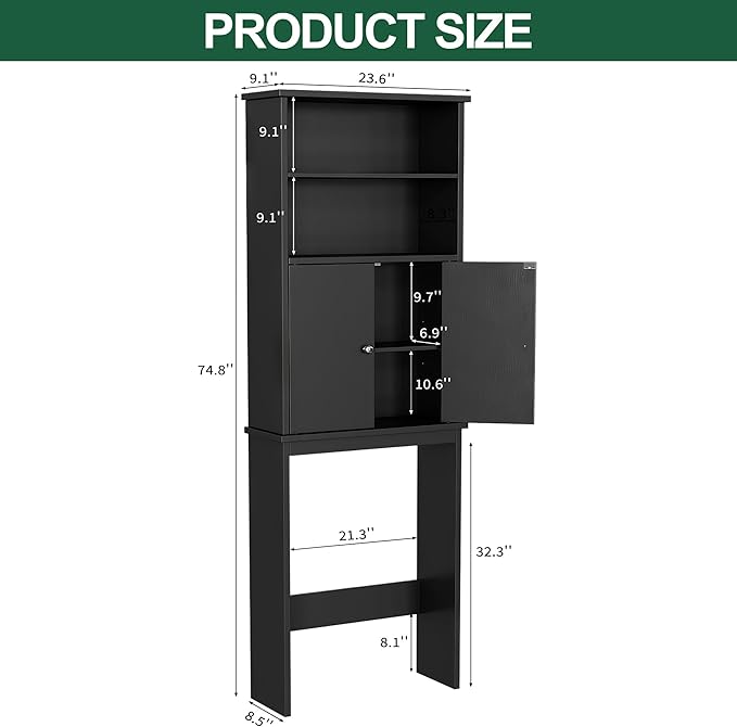 Walsunny Over The Toilet Storage Cabinet, Bathroom Organizer with Open Shelves and Double Doors, Space Saving Toilet Storage