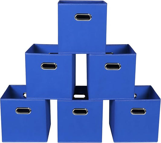 Fabric storage bins Cubes, Fabric Cube Organizer with Handle, Foldable Cube Bins for Cloth or Accessary Storage, 11x11x11, Set of 6, (Dark Blue)