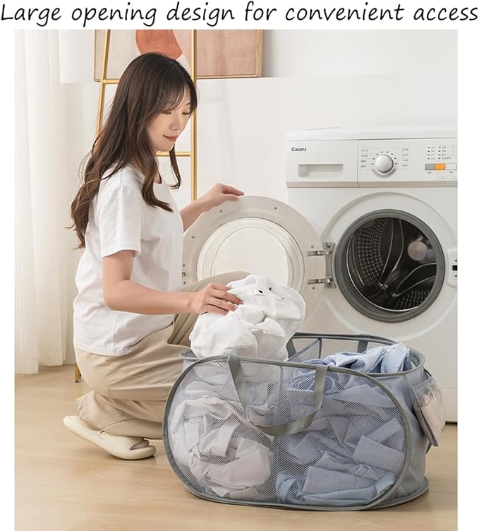 Mesh Laundry Hamper Basket, Sturdy 3 Compartments Laundry Basket, Foldable Pop up Laundry Hamper with Side Pocket for Laundry Room, Bathroom, Kids Room, College Dorm or Travel, Gray